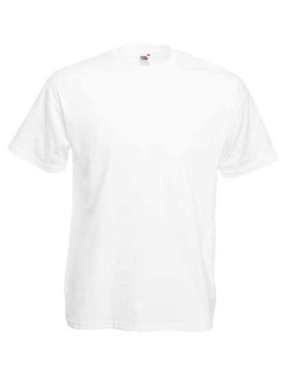 En hvid T-shirt fra Fruit of the Loom hænger frit uden synlig baggrund eller omgivelser.