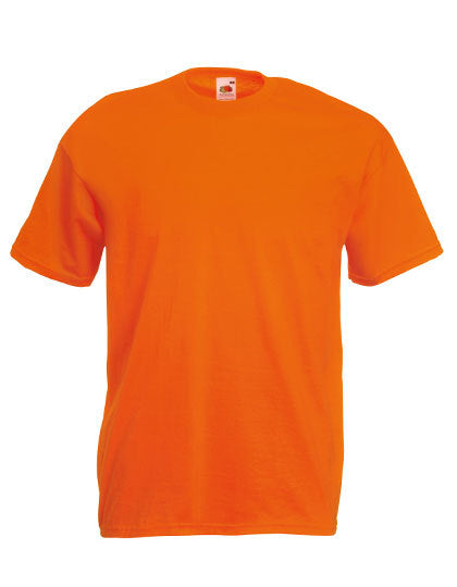 En orange T-shirt fra Fruit of the Loom i et enkelt design, placeret på en hvid baggrund.