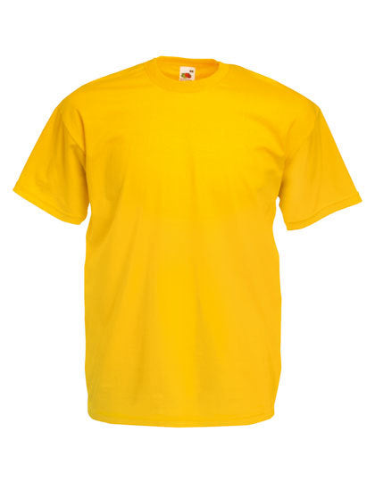 Gul T-shirt fra Fruit of the Loom, lagt fladt ud med korte ærmer og rund halsudskæring, på en hvid baggrund.