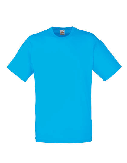 En turkis T-shirt fra Fruit of the Loom med korte ærmer ligger fladt uden nogen synlige mønstre eller designs.
