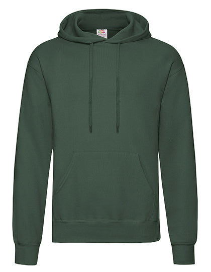En mørkegrøn hættetrøje fra Fruit of the Loom med kængurulomme og justerbare snore i hætten, præsenteret mod en hvid baggrund.
