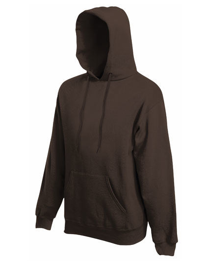 En brun hættetrøje fra Fruit of the Loom vises mod en hvid baggrund. Trøjen har en kængurulomme foran og snore til justering af hætten.