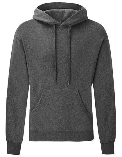 Mørkegrå hættetrøje fra Fruit of the Loom med kængurulomme og justerbare snore. Placeret mod en neutral, lys baggrund.