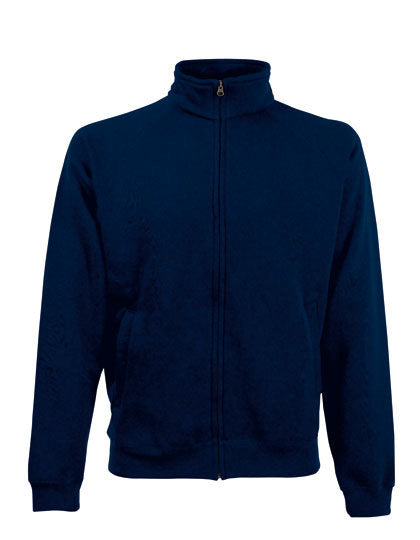En mørkeblå trøje fra Fruit of the Loom, med lynlås foran og høj krave. Trøjen er tomt afbildet mod en hvid baggrund.