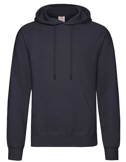 Sort hættetrøje fra Fruit of the Loom med lange ærmer og snørebånd, hængende i en frontal visning uden baggrund eller andre objekter i nærheden.
