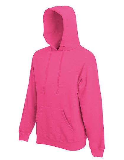 En pink hættetrøje fra Fruit of the Loom vises i helfigur med hætte, kængurulomme, lange ærmer og snoretræk, placeret på en hvid baggrund.