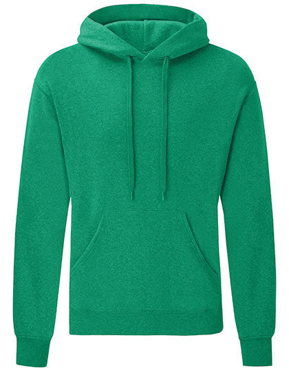 En grøn hættetrøje fra Fruit of the Loom med snoretræk ved hætten og en kængurulomme foran.