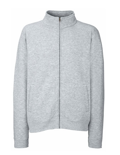 Grå Fruit of the Loom trøje med lynlås, lange ærmer og lommer på fronten. Trøjen er placeret mod en hvid baggrund.