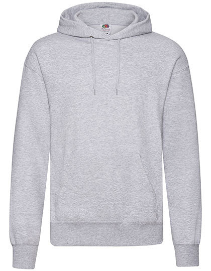 En grå sweatshirt (Fruit of the Loom) med hætte og snoretræk, placeret isoleret mod en hvid baggrund. Den har en frontlomme og elastik ved ærmer og bund.