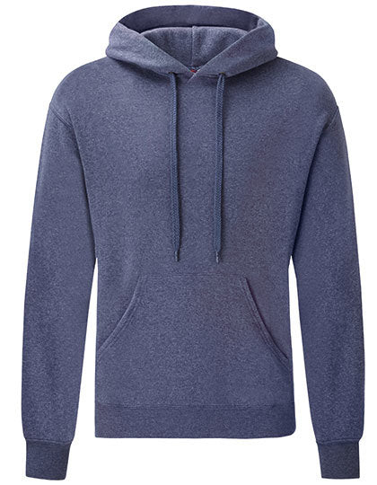 En mørkeblå hættetrøje fra Fruit of the Loom med snore i hætten og en kængurulomme foran. Trøjen har ribbet manchetter og talje og vises på en neutral, hvid baggrund.