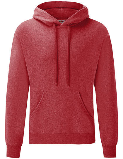 Rød hættetrøje fra Fruit of the Loom, med kængurulomme foran og snore i hætten, i en enkel og ensfarvet stil uden yderligere dekoration.