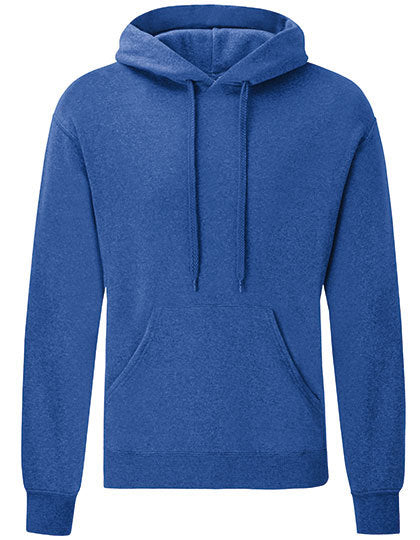 En kongeblå hættetrøje fra Fruit of the Loom hænger afslappet mod en hvid baggrund. Trøjen har lange ærmer, en kængurulomme og en hætte med snøre.