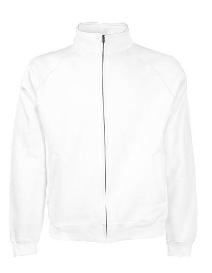 En hvid trøje med lynlås foran, lavet af Fruit of the Loom. Trøjen har lange ærmer og en høj krave. Ingen synlige omgivelser.