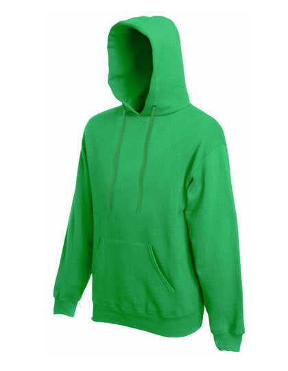 Grøn hættetrøje fra Fruit of the Loom med kængurulomme og justerbare snore i hætten, placeret mod en hvid baggrund.