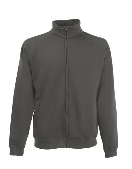 Mørkegrå Fruit of the Loom sweatshirt med lynlås, ståkrave og ribstrikkede manchetter, præsenteret på en hvid baggrund.