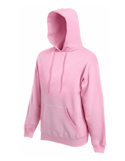 Lyserød hættetrøje fra Fruit of the Loom hænger mod en hvid baggrund.