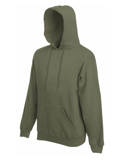 En grøn hættetrøje fra Fruit of the Loom har lange ærmer, en stor forlomme og snoretræk i hætten placeret på en hvid baggrund.