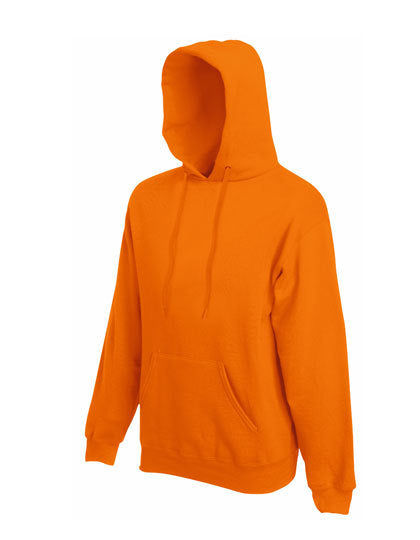 En orange hættetrøje fra Fruit of the Loom med hætte og kængurulomme, står oprejst isoleret mod hvid baggrund.