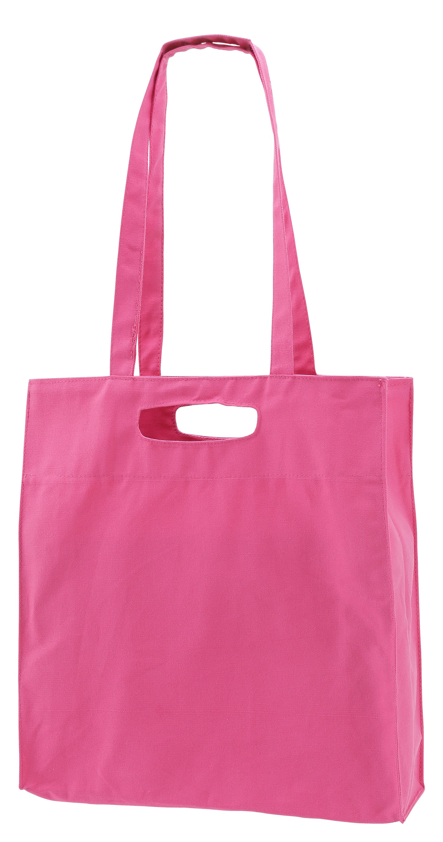 Lyserød indkøbstaske med lange håndtag og et rektangulært cut-out håndtag i midten, set mod en hvid baggrund.