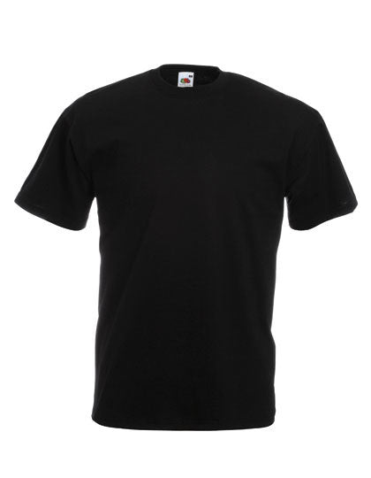 Sort T-shirt fra Fruit of the Loom vises frontalt i neutral belysning, hængende uden baggrundsforstyrrelser.