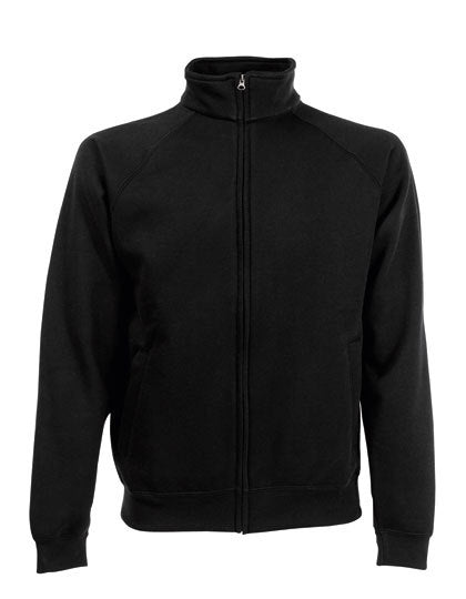 Sort jakke med lynlås fra Fruit of the Loom, langærmet design og høj krave. Kontekst er en simpel hvid baggrund.