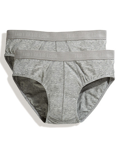 To grå underbukser fra Fruit of the Loom ligger ovenpå hinanden i et neutralt, hvidt miljø.