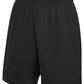 Sort træningsshorts fra Fruit of the Loom hænger neutralt. Elastisk talje, lettelse uden lommer. Baggrunden er hvid og ren.