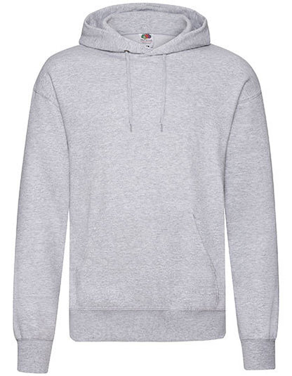 En grå sweatshirt (Fruit of the Loom) med hætte og snoretræk, placeret isoleret mod en hvid baggrund. Den har en frontlomme og elastik ved ærmer og bund.