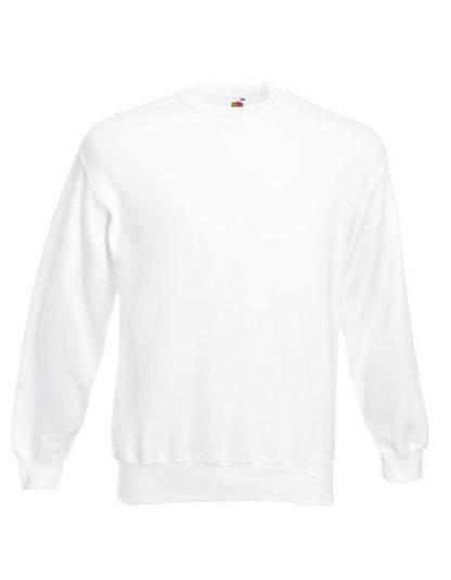 Hvid sweatshirt fra Fruit of the Loom vises på en hvid baggrund. Trøjen har en rund halsudskæring og lange ærmer uden yderligere dekorationer.