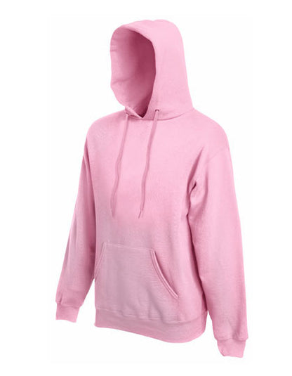 Lyserød hættetrøje fra Fruit of the Loom hænger mod en hvid baggrund.