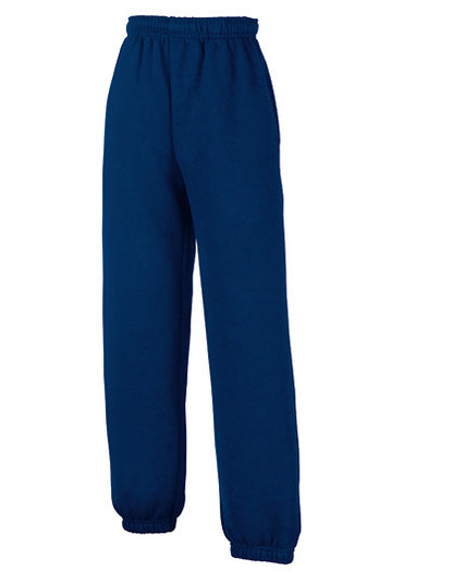 Marineblå træningsbukser fra Fruit of the Loom med elastik i taljen og ved anklerne, placeret fritstående mod en ren hvid baggrund.