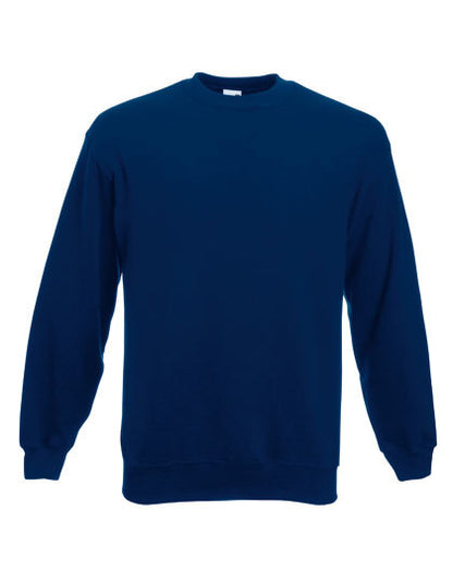 Mørkeblå sweatshirt fra Fruit of the Loom, alene og uformet, vises mod en hvid baggrund.